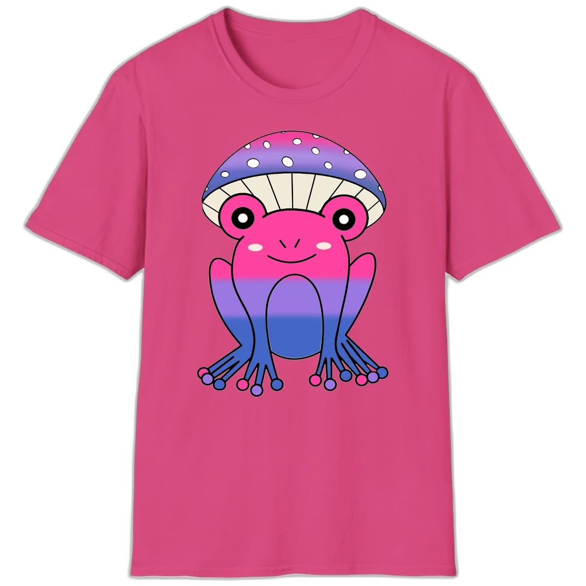 Cute smiling frog character with rainbow gradient body and polka-dotted mushroom cap umbrella design in Heliconia