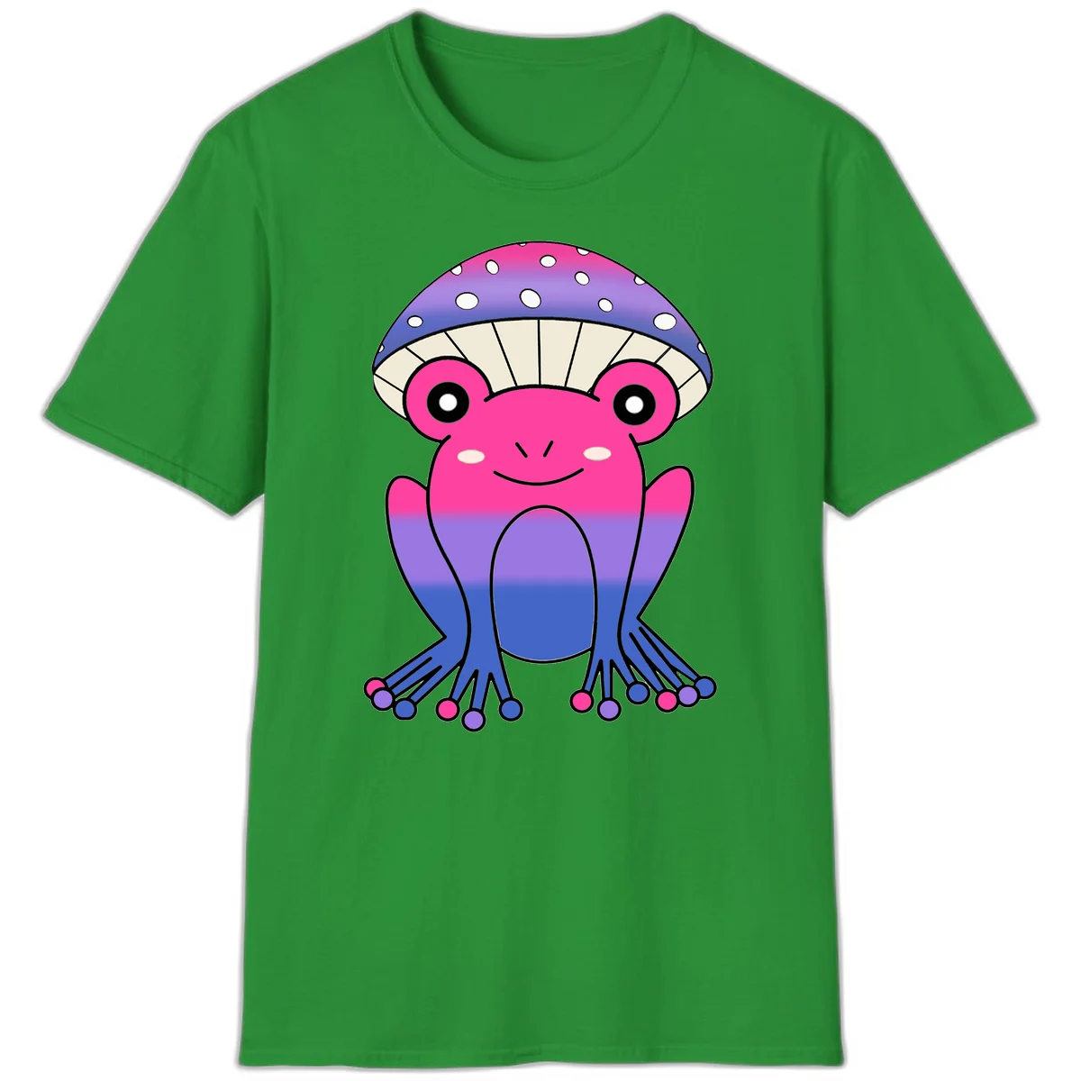 Cute smiling frog character with rainbow gradient body and polka-dotted mushroom cap umbrella design in Irish Green