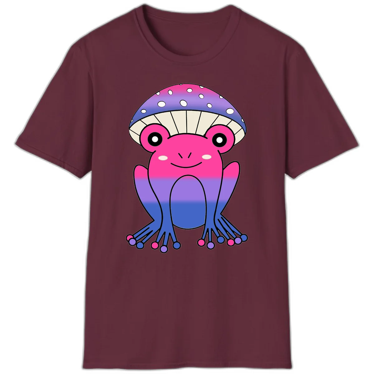 Cute smiling frog character with rainbow gradient body and polka-dotted mushroom cap umbrella design in Maroon