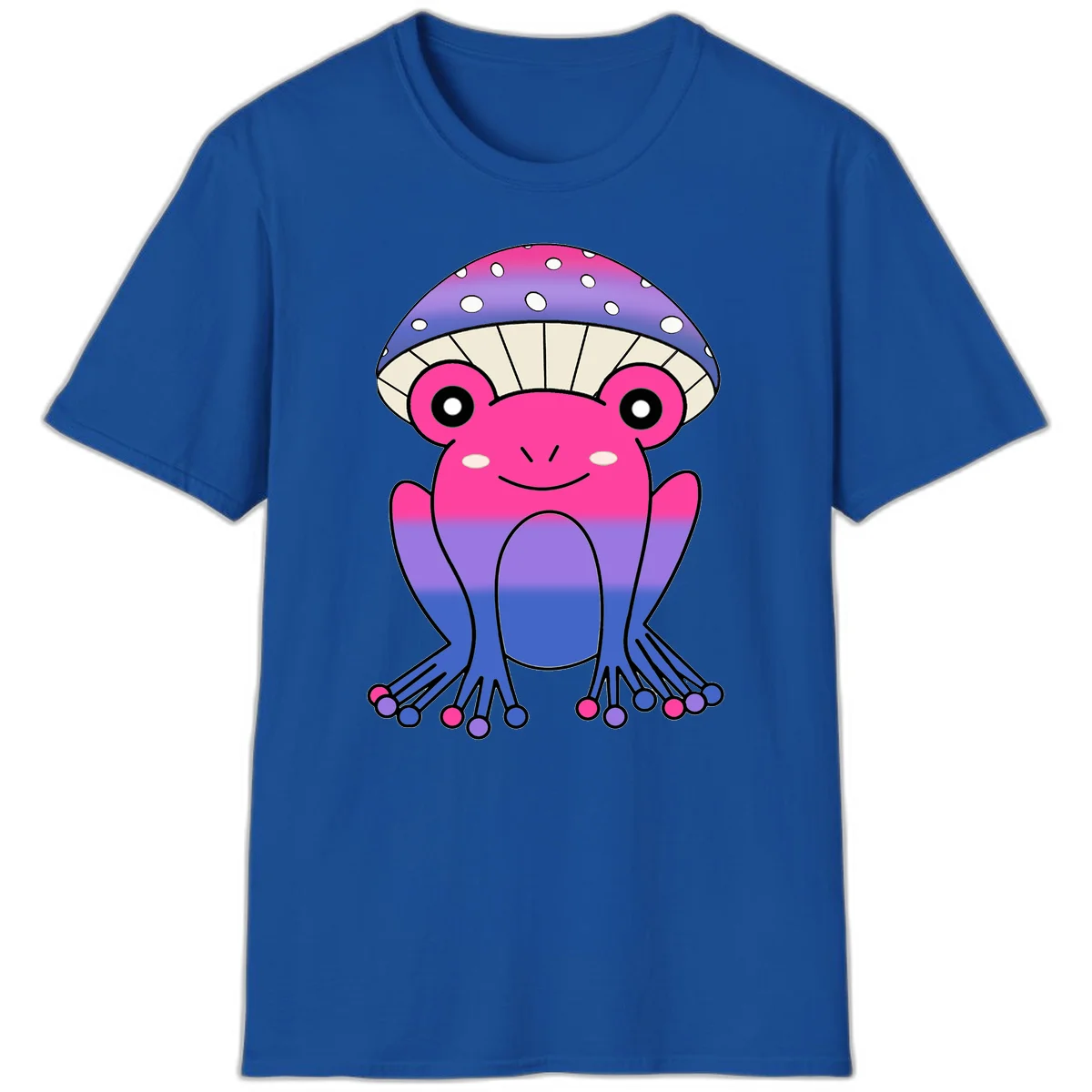 Cute smiling frog character with rainbow gradient body and polka-dotted mushroom cap umbrella design in Royal