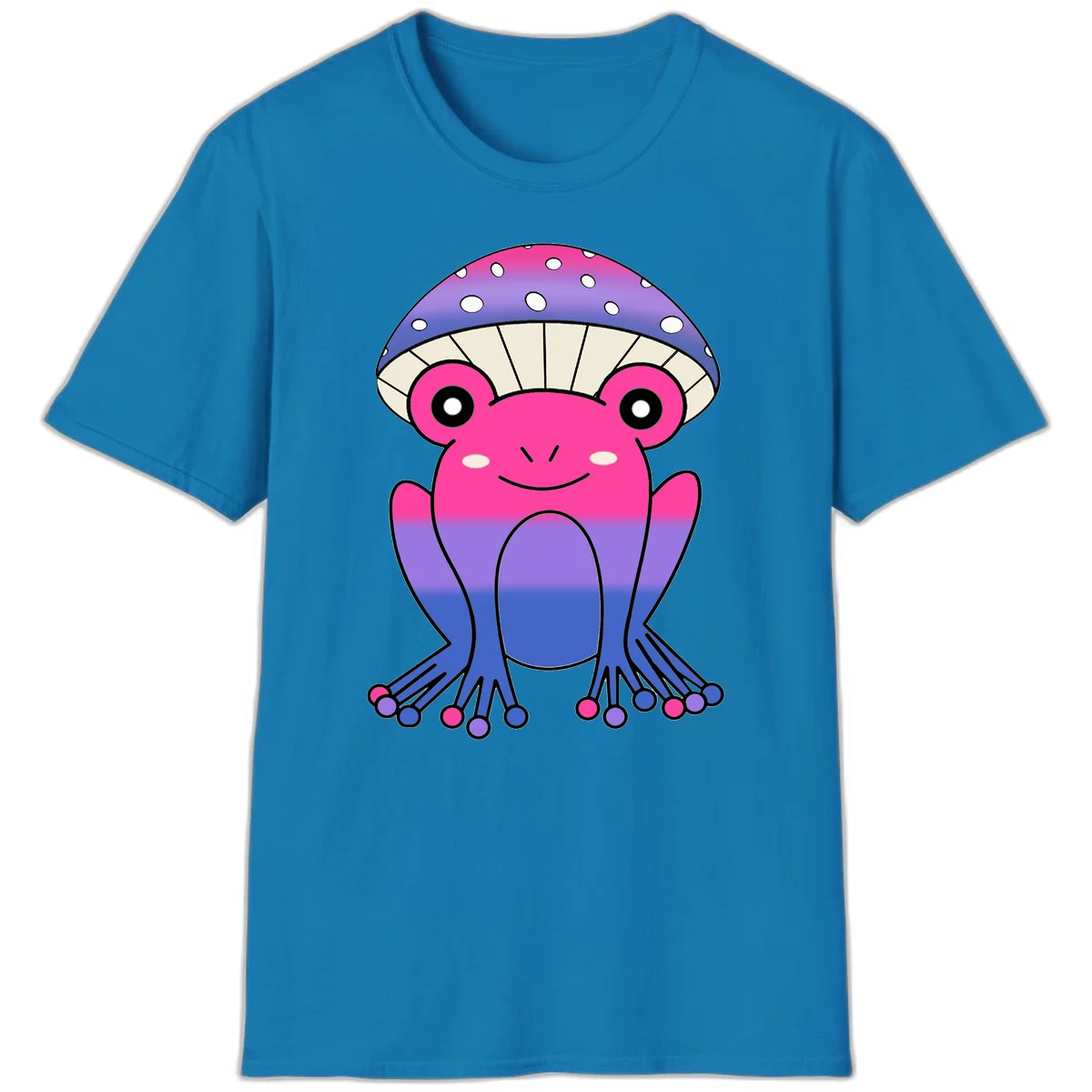 Cute smiling frog character with rainbow gradient body and polka-dotted mushroom cap umbrella design in Sapphire