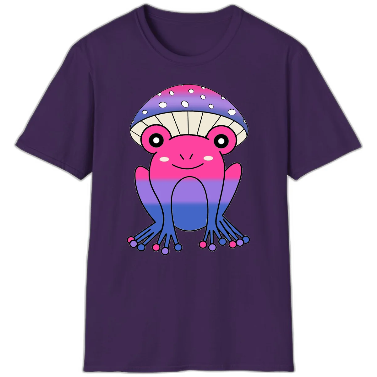 Cute smiling frog character with rainbow gradient body and polka-dotted mushroom cap umbrella design in Purple