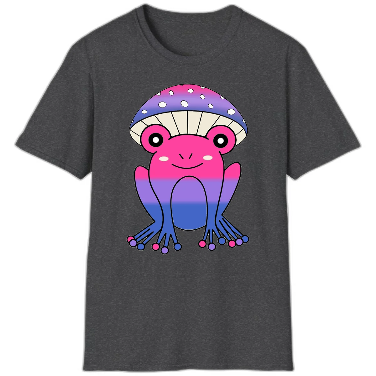 Cute smiling frog character with rainbow gradient body and polka-dotted mushroom cap umbrella design in Dark Heather