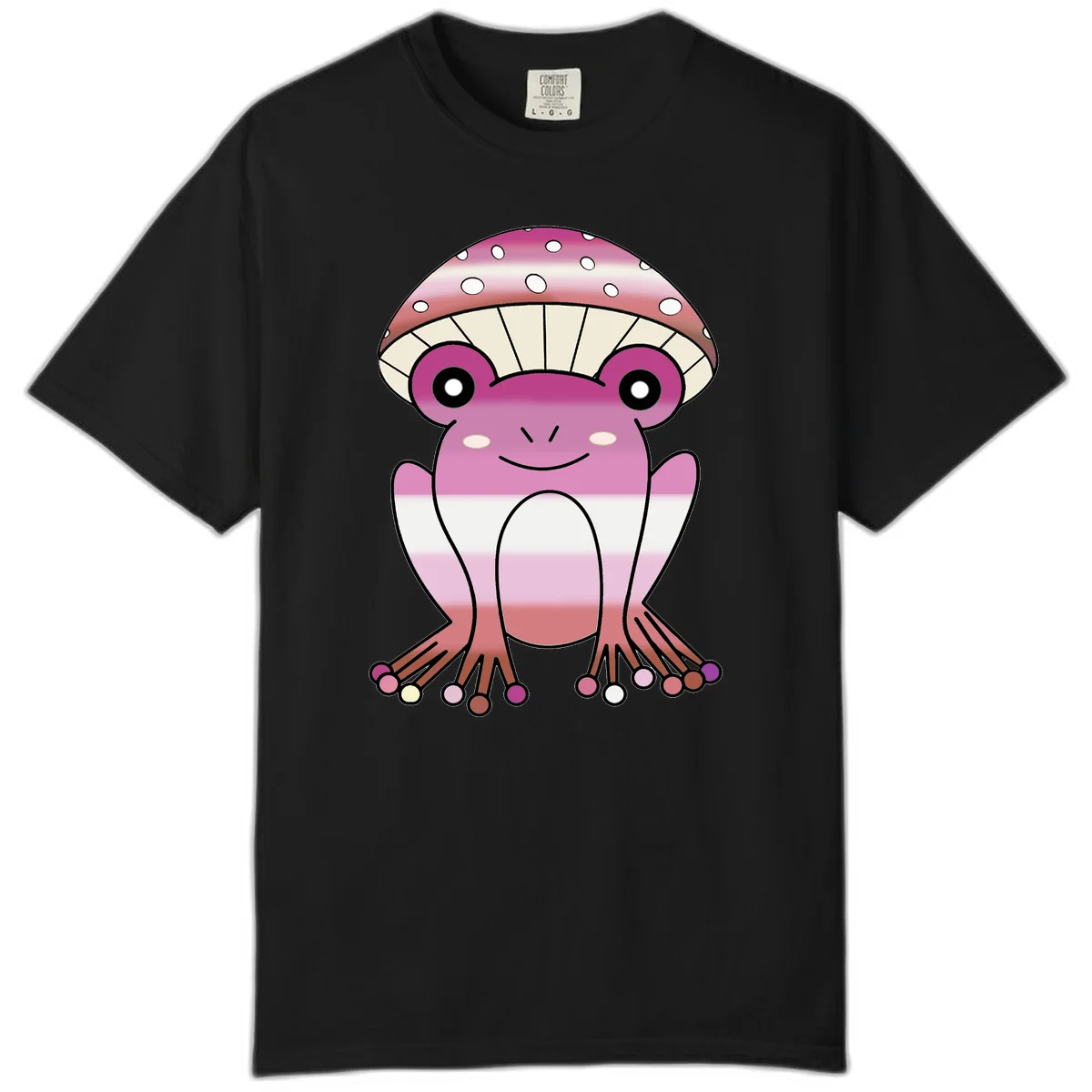Cute pink mushroom toad character with spotted cap, large eyes, and smiling face wearing gradient pastel colors in Black