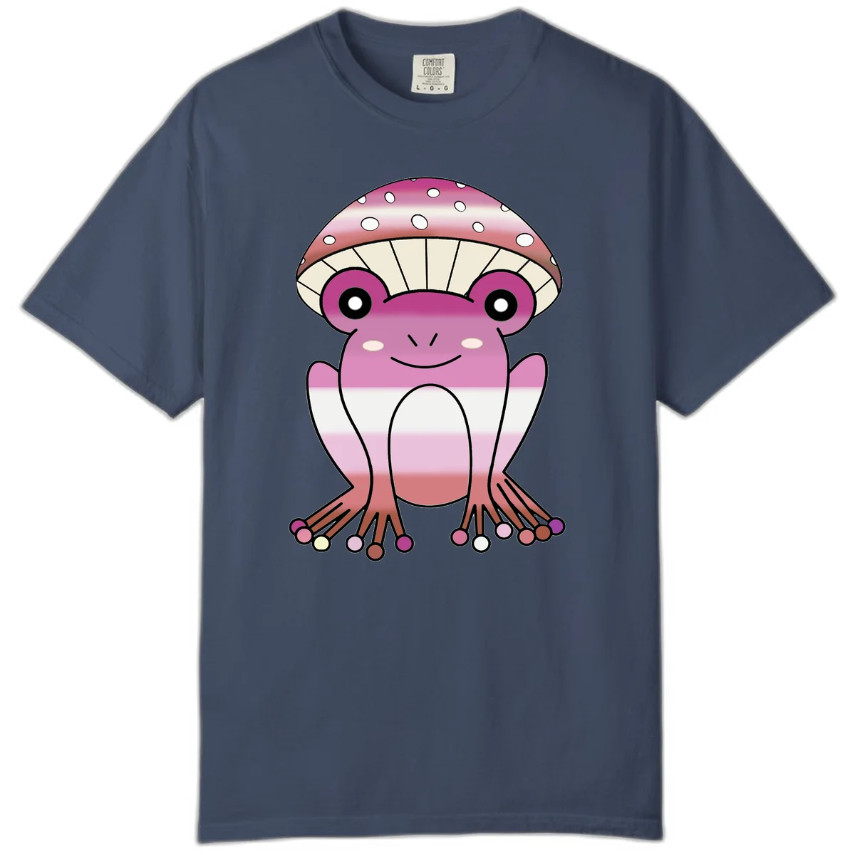 Cute pink mushroom toad character with spotted cap, large eyes, and smiling face wearing gradient pastel colors in Midnight
