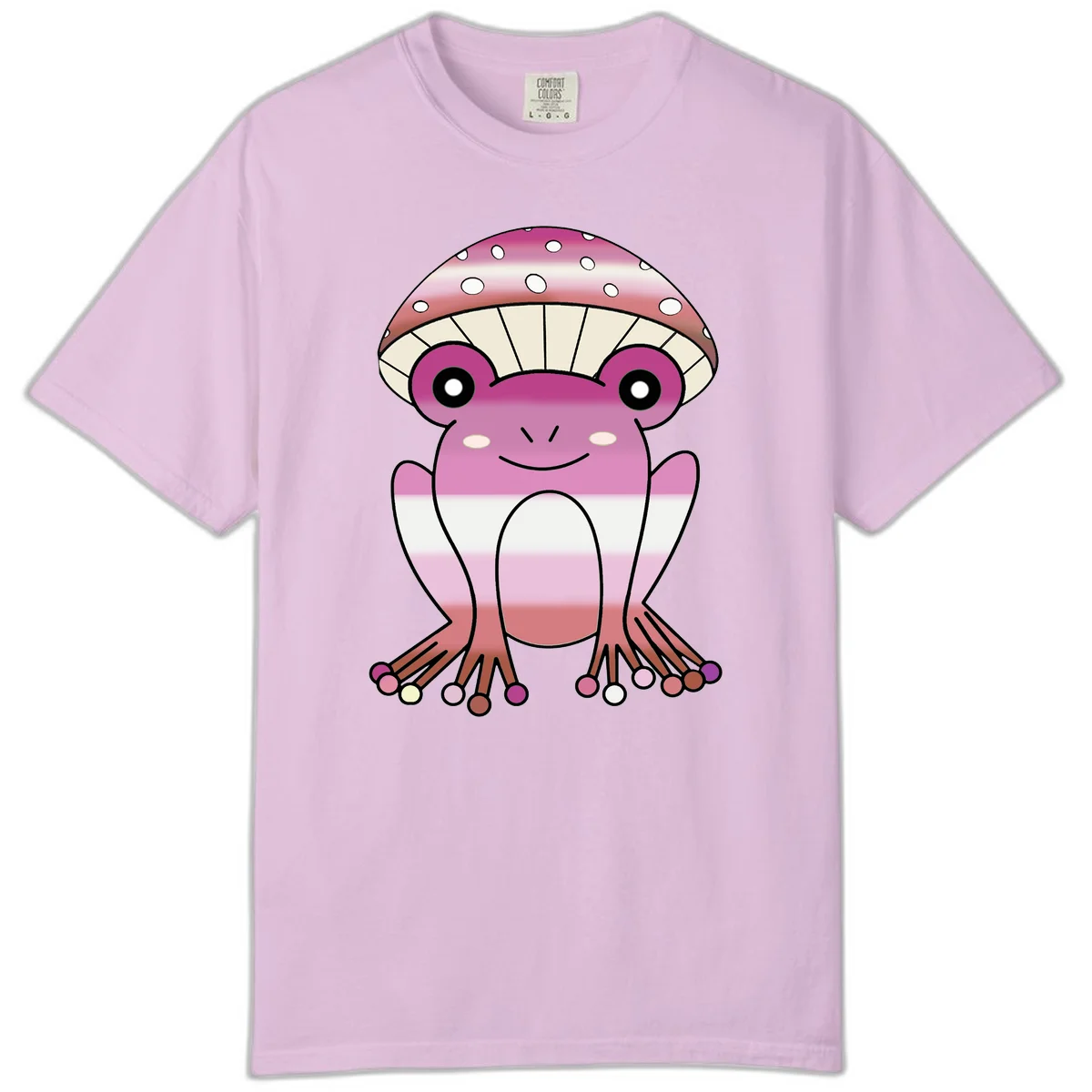 Cute pink mushroom toad character with spotted cap, large eyes, and smiling face wearing gradient pastel colors in Orchid