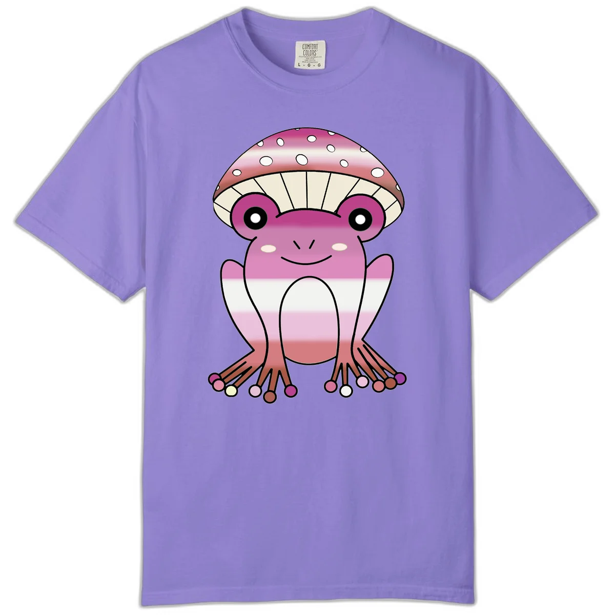 Cute pink mushroom toad character with spotted cap, large eyes, and smiling face wearing gradient pastel colors in Violet