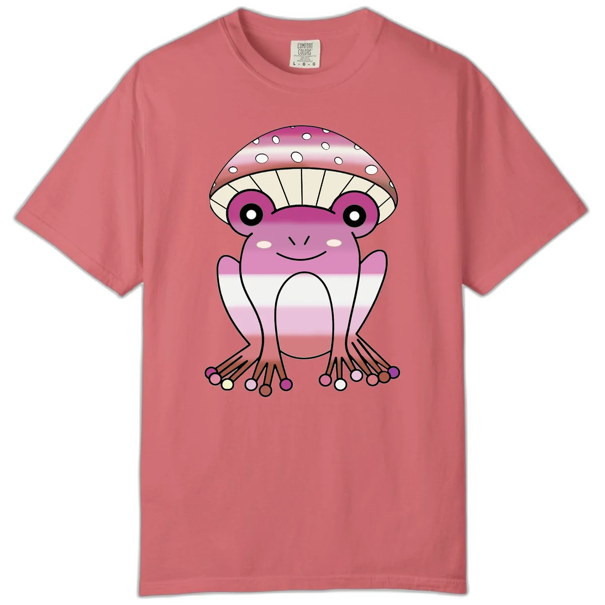 Cute pink mushroom toad character with spotted cap, large eyes, and smiling face wearing gradient pastel colors in Watermelon