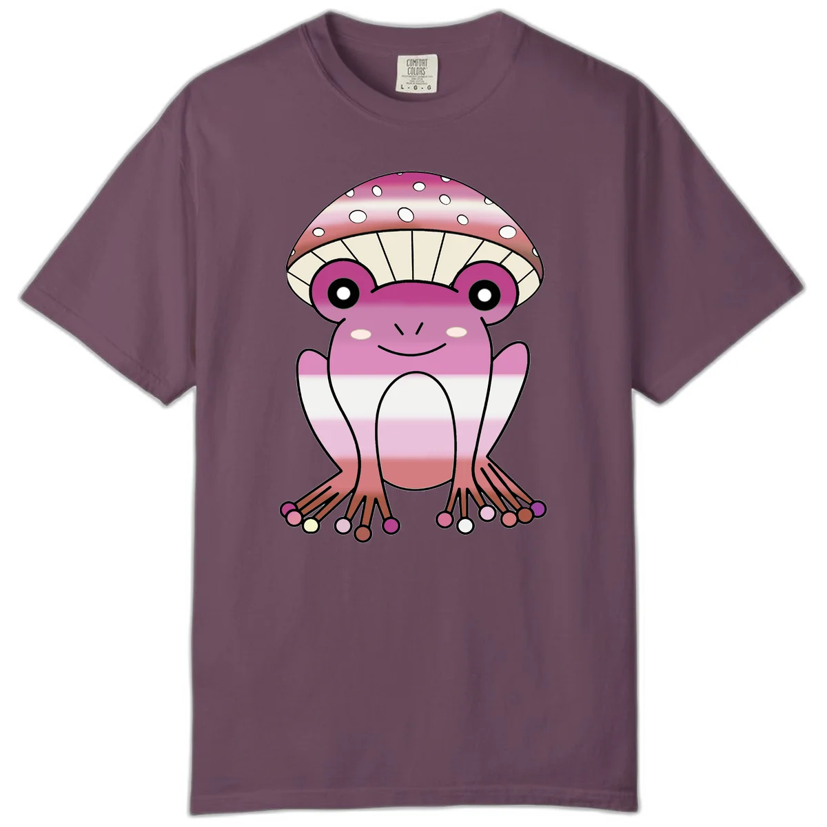 Cute pink mushroom toad character with spotted cap, large eyes, and smiling face wearing gradient pastel colors in Berry
