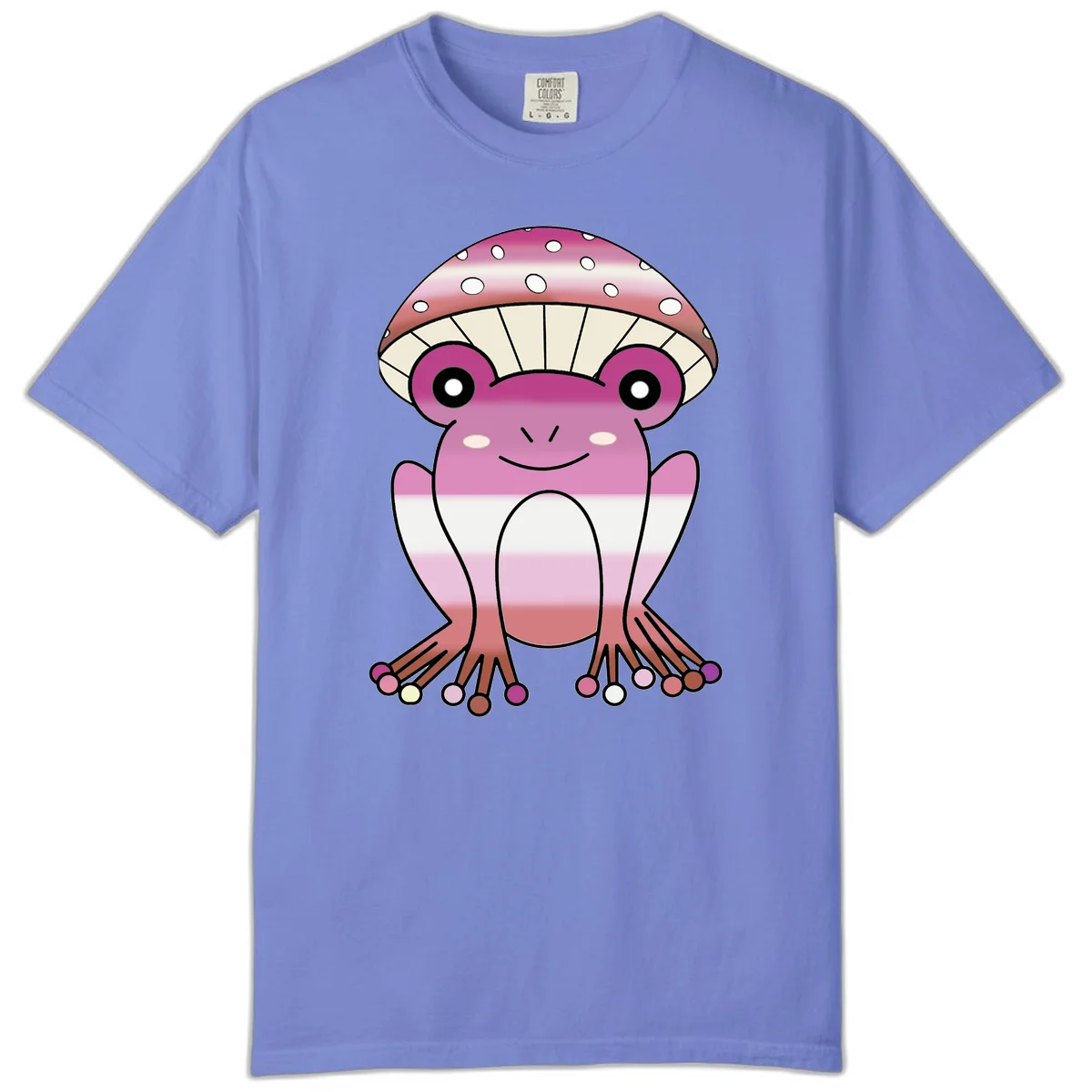 Cute pink mushroom toad character with spotted cap, large eyes, and smiling face wearing gradient pastel colors in Flo Blue