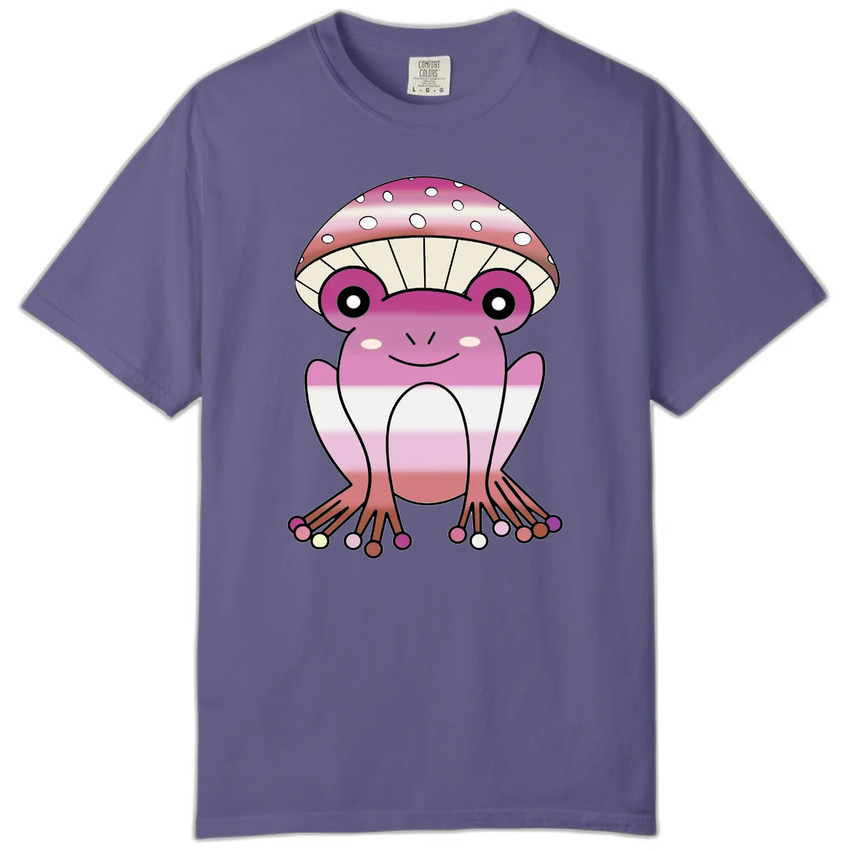 Cute pink mushroom toad character with spotted cap, large eyes, and smiling face wearing gradient pastel colors in Grape