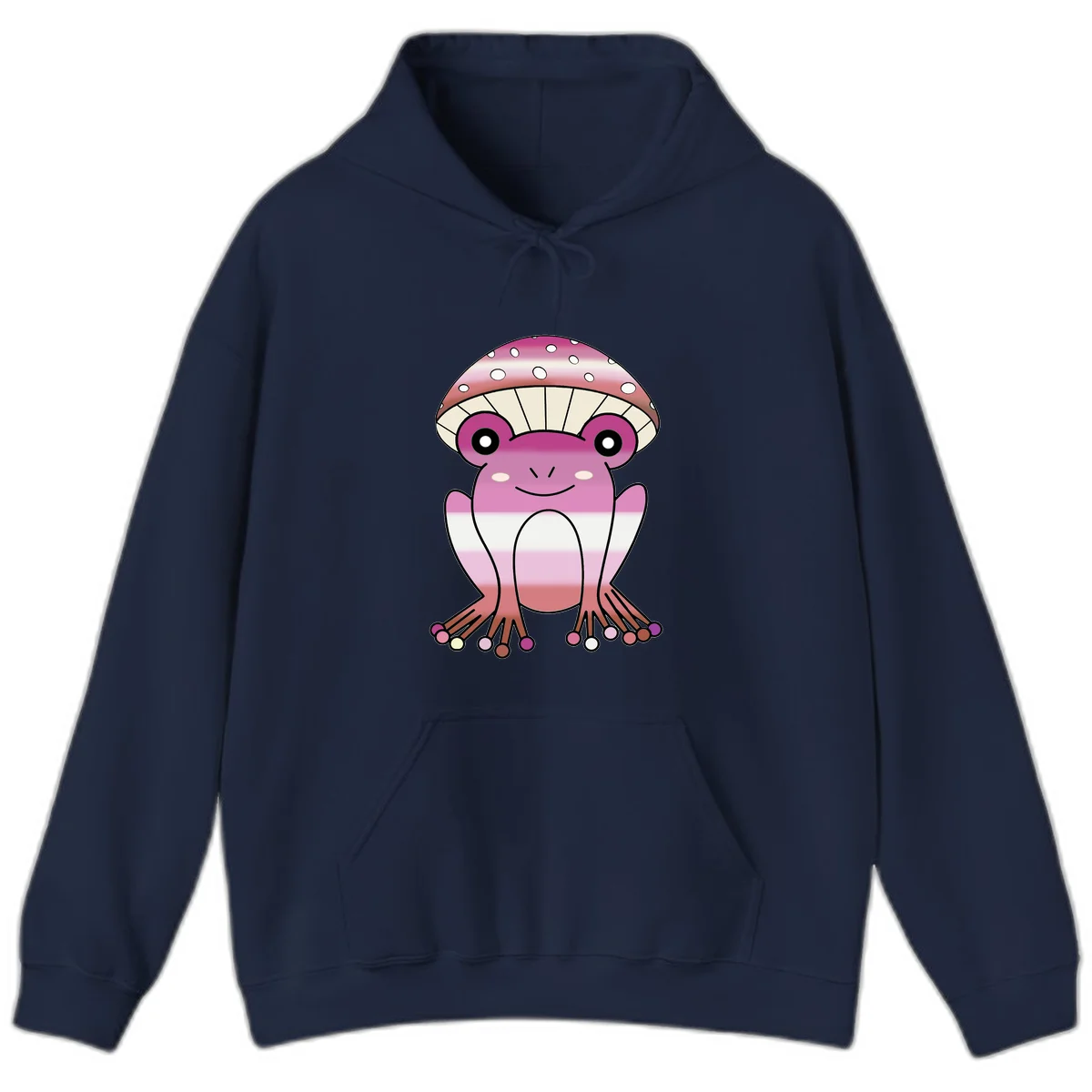 Cute pink mushroom toad character with spotted cap, large eyes, and smiling face wearing gradient pastel colors in Navy