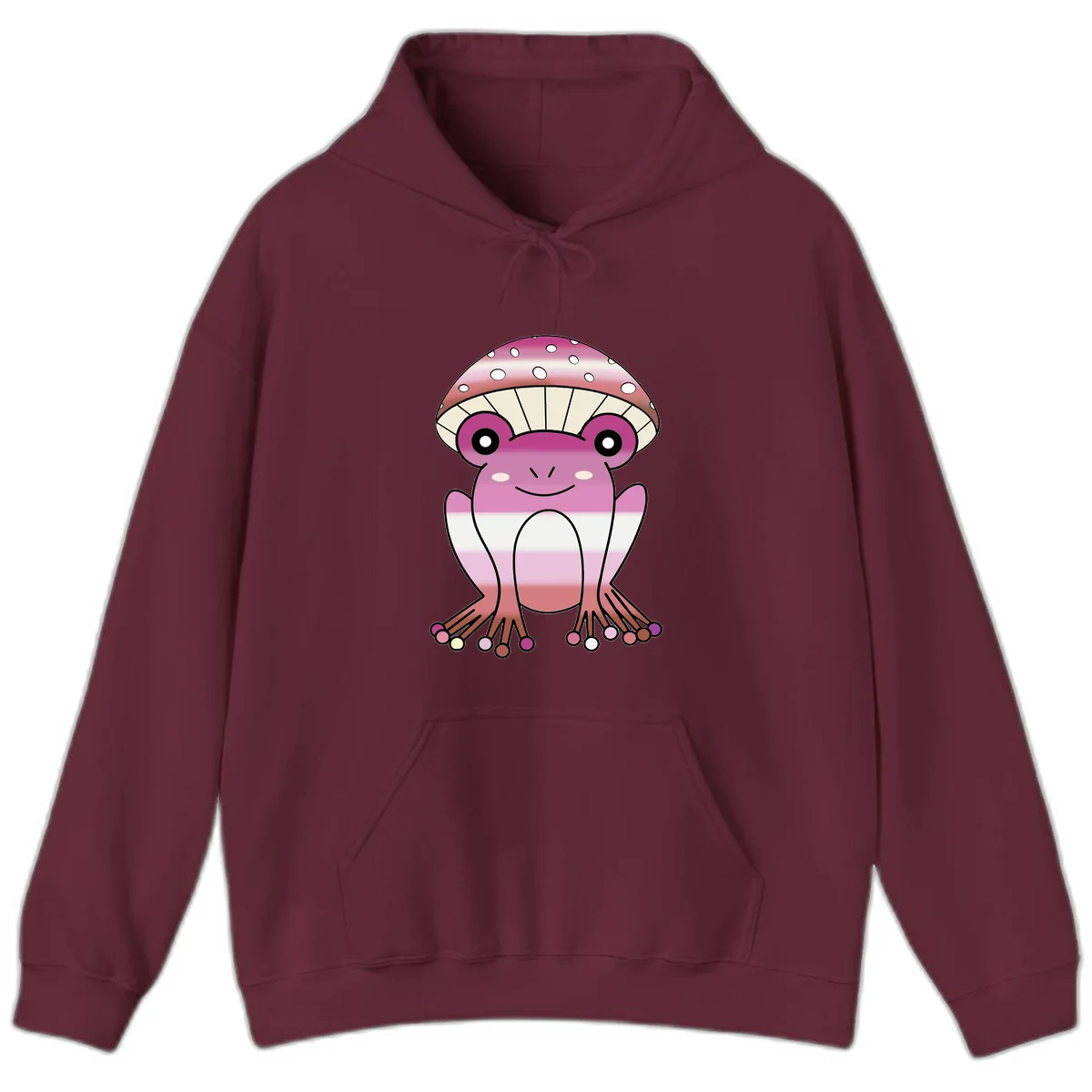 Cute pink mushroom toad character with spotted cap, large eyes, and smiling face wearing gradient pastel colors in Maroon