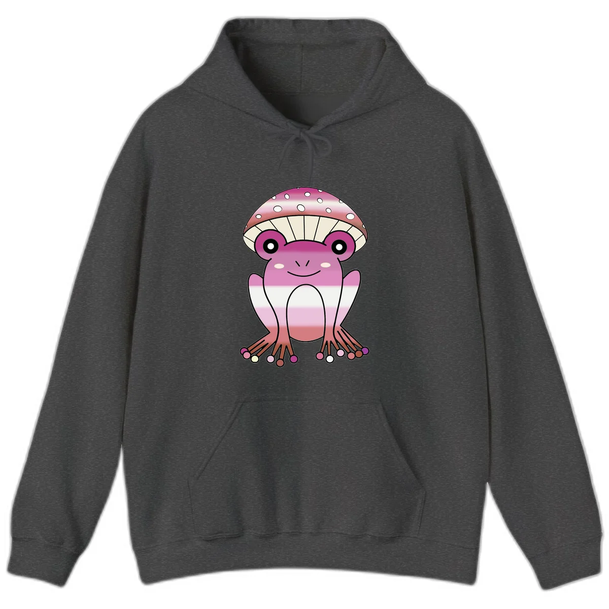 Cute pink mushroom toad character with spotted cap, large eyes, and smiling face wearing gradient pastel colors in Dark Heather