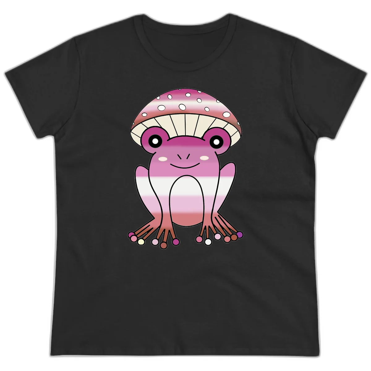Cute pink mushroom toad character with spotted cap, large eyes, and smiling face wearing gradient pastel colors in Black