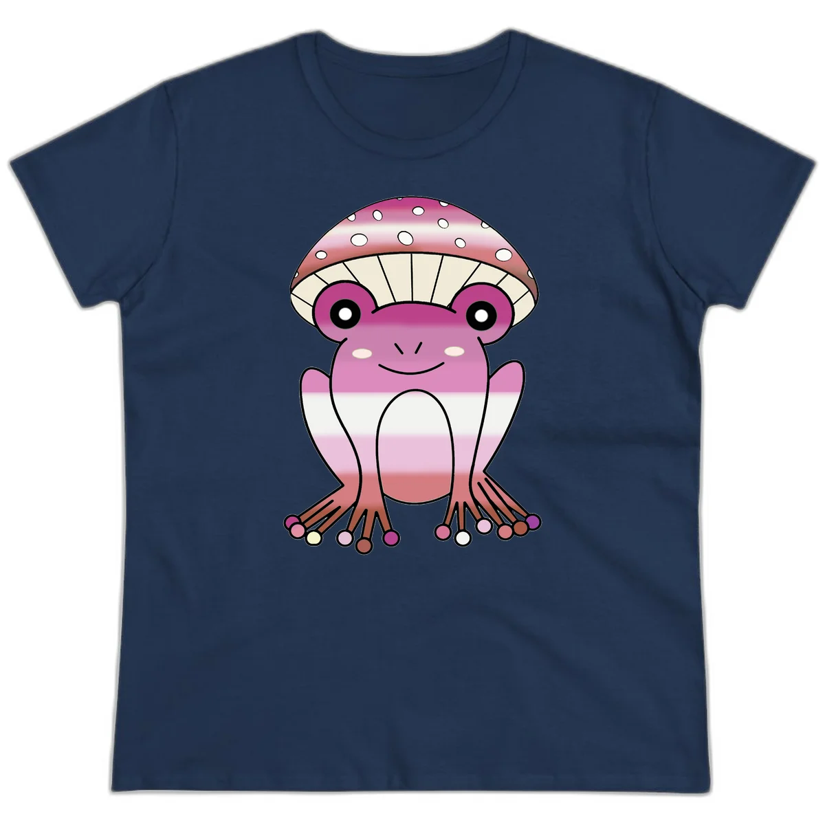 Cute pink mushroom toad character with spotted cap, large eyes, and smiling face wearing gradient pastel colors in Navy