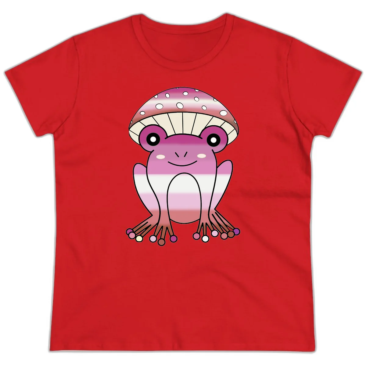 Cute pink mushroom toad character with spotted cap, large eyes, and smiling face wearing gradient pastel colors in Red