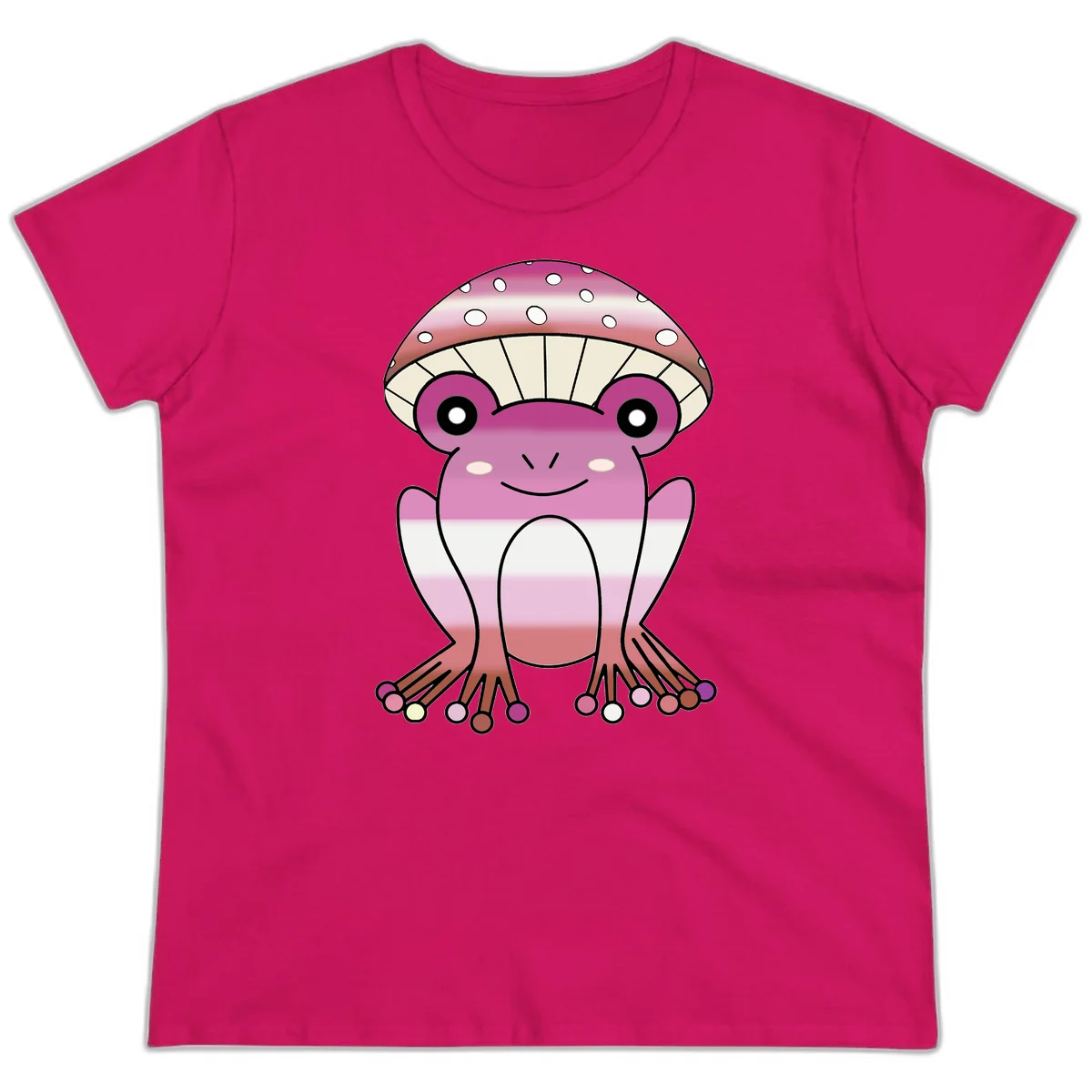 Cute pink mushroom toad character with spotted cap, large eyes, and smiling face wearing gradient pastel colors in Heliconia