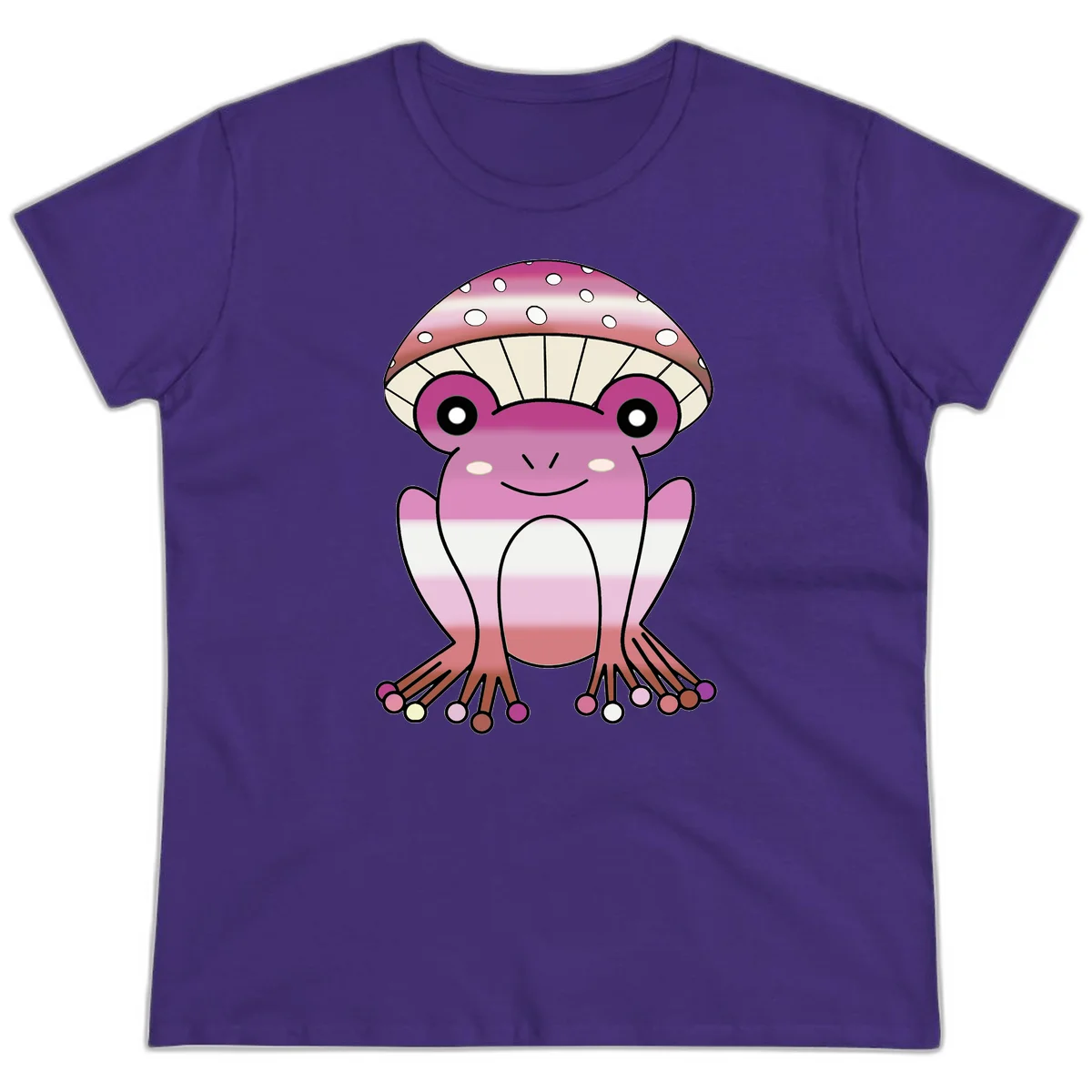 Cute pink mushroom toad character with spotted cap, large eyes, and smiling face wearing gradient pastel colors in Purple