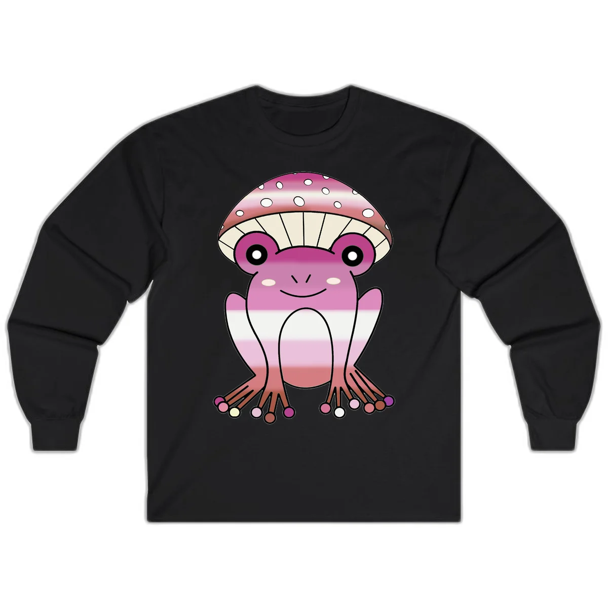 Cute pink mushroom toad character with spotted cap, large eyes, and smiling face wearing gradient pastel colors in Black