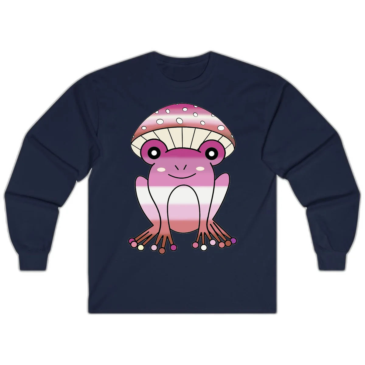 Cute pink mushroom toad character with spotted cap, large eyes, and smiling face wearing gradient pastel colors in Navy