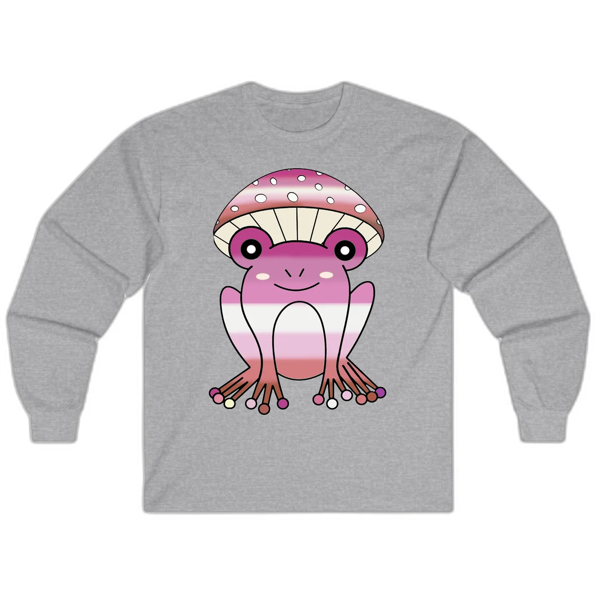 Cute pink mushroom toad character with spotted cap, large eyes, and smiling face wearing gradient pastel colors in Sport Grey