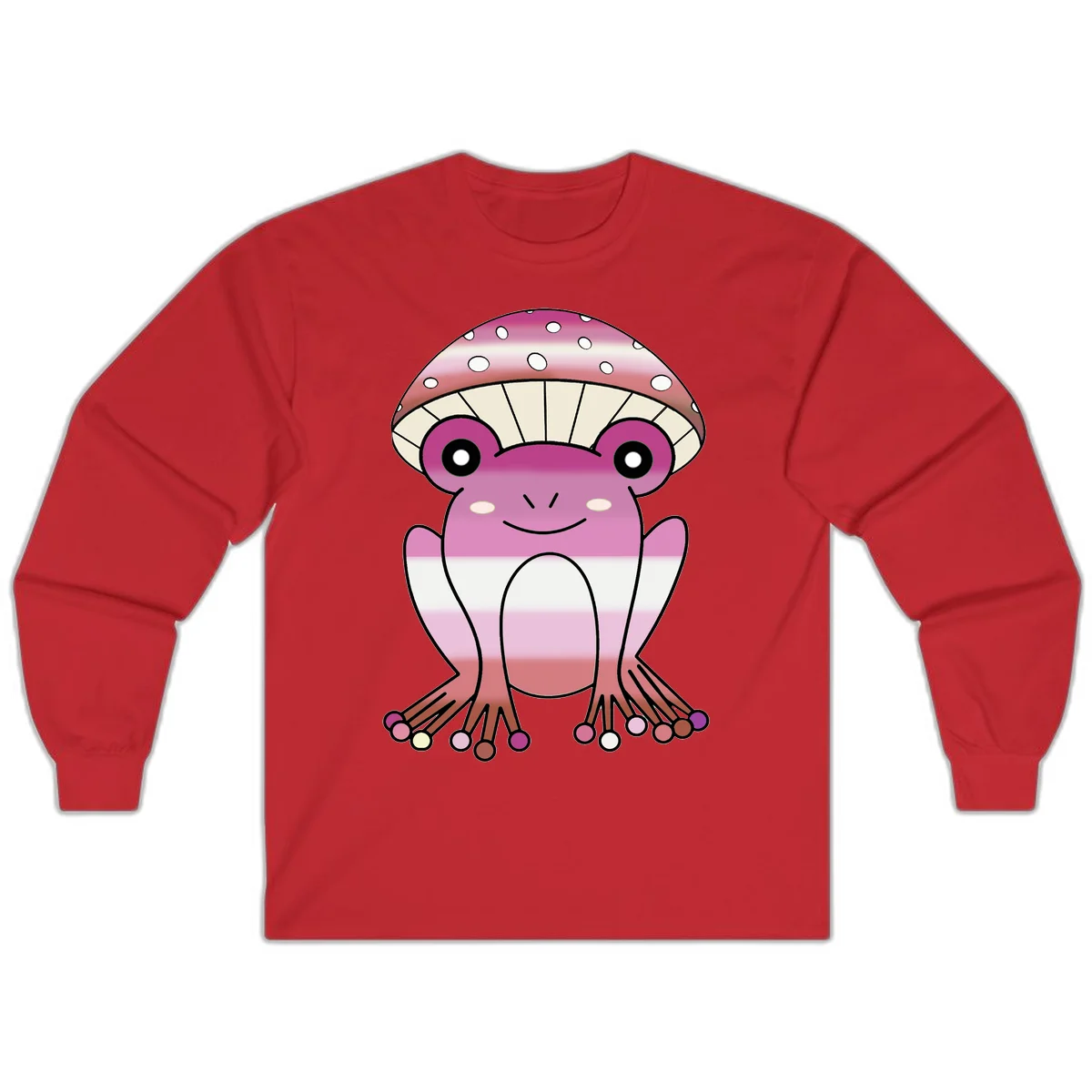 Cute pink mushroom toad character with spotted cap, large eyes, and smiling face wearing gradient pastel colors in Red