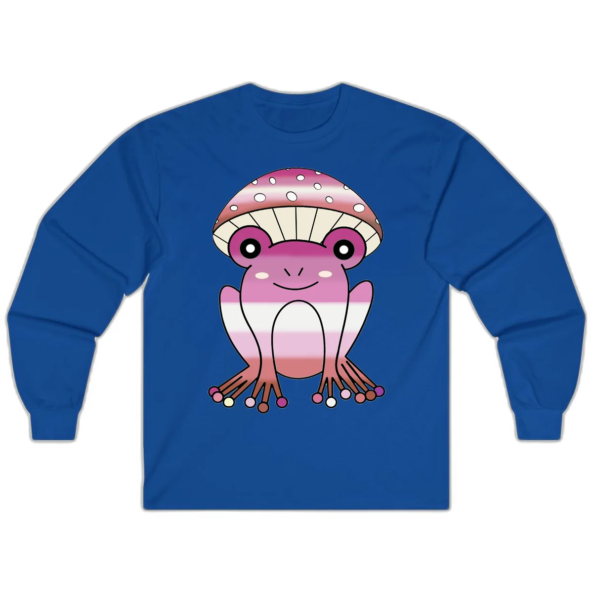 Cute pink mushroom toad character with spotted cap, large eyes, and smiling face wearing gradient pastel colors in Royal