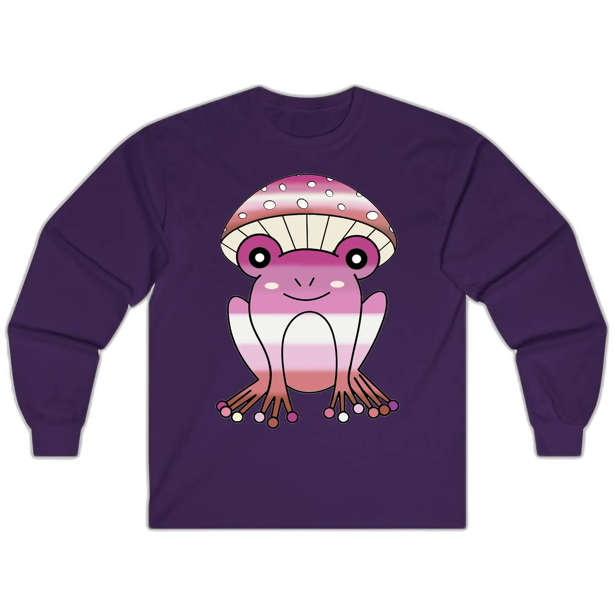 Cute pink mushroom toad character with spotted cap, large eyes, and smiling face wearing gradient pastel colors in Purple