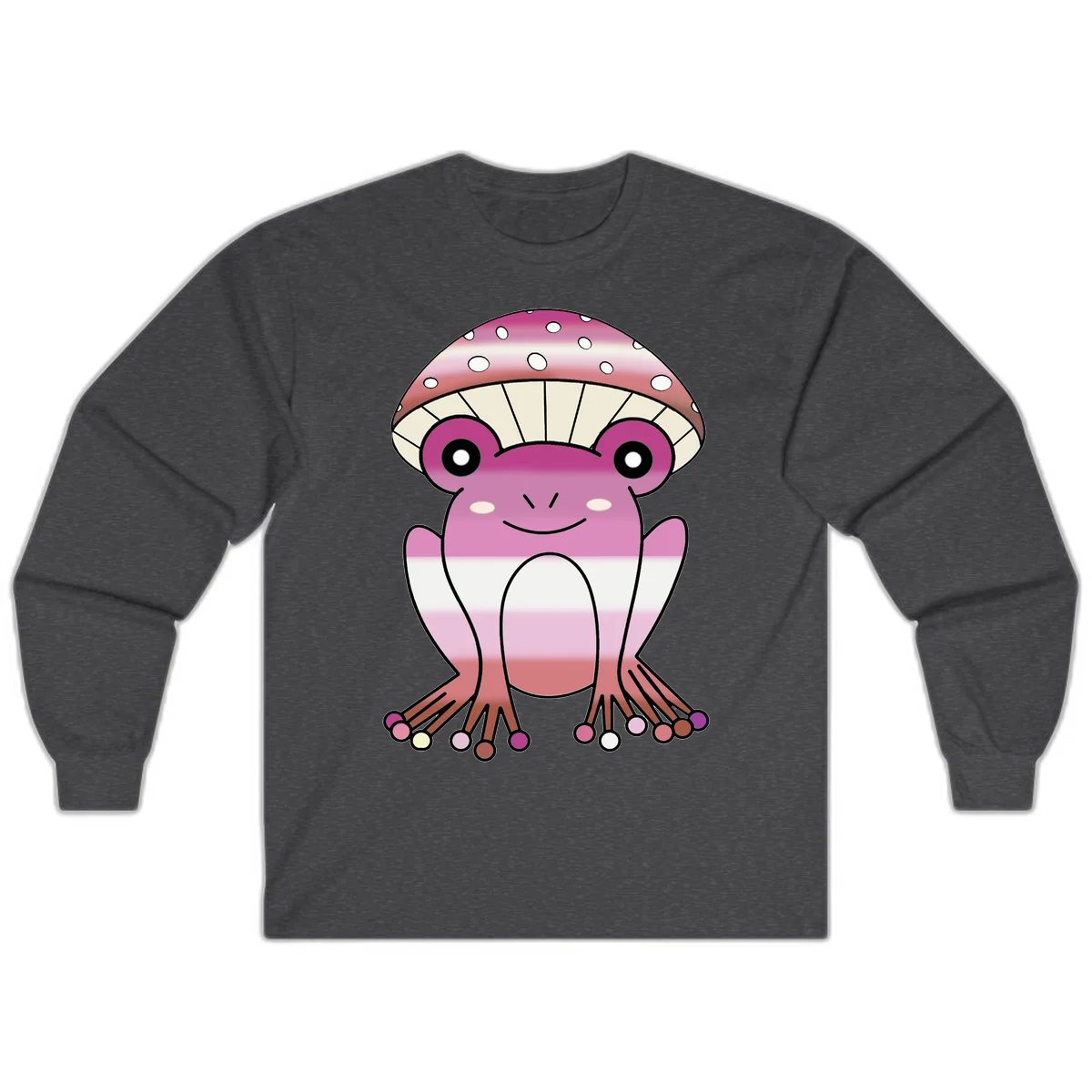 Cute pink mushroom toad character with spotted cap, large eyes, and smiling face wearing gradient pastel colors in Dark Heather