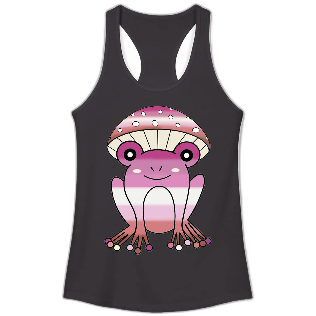 Cute pink mushroom toad character with spotted cap, large eyes, and smiling face wearing gradient pastel colors in Black