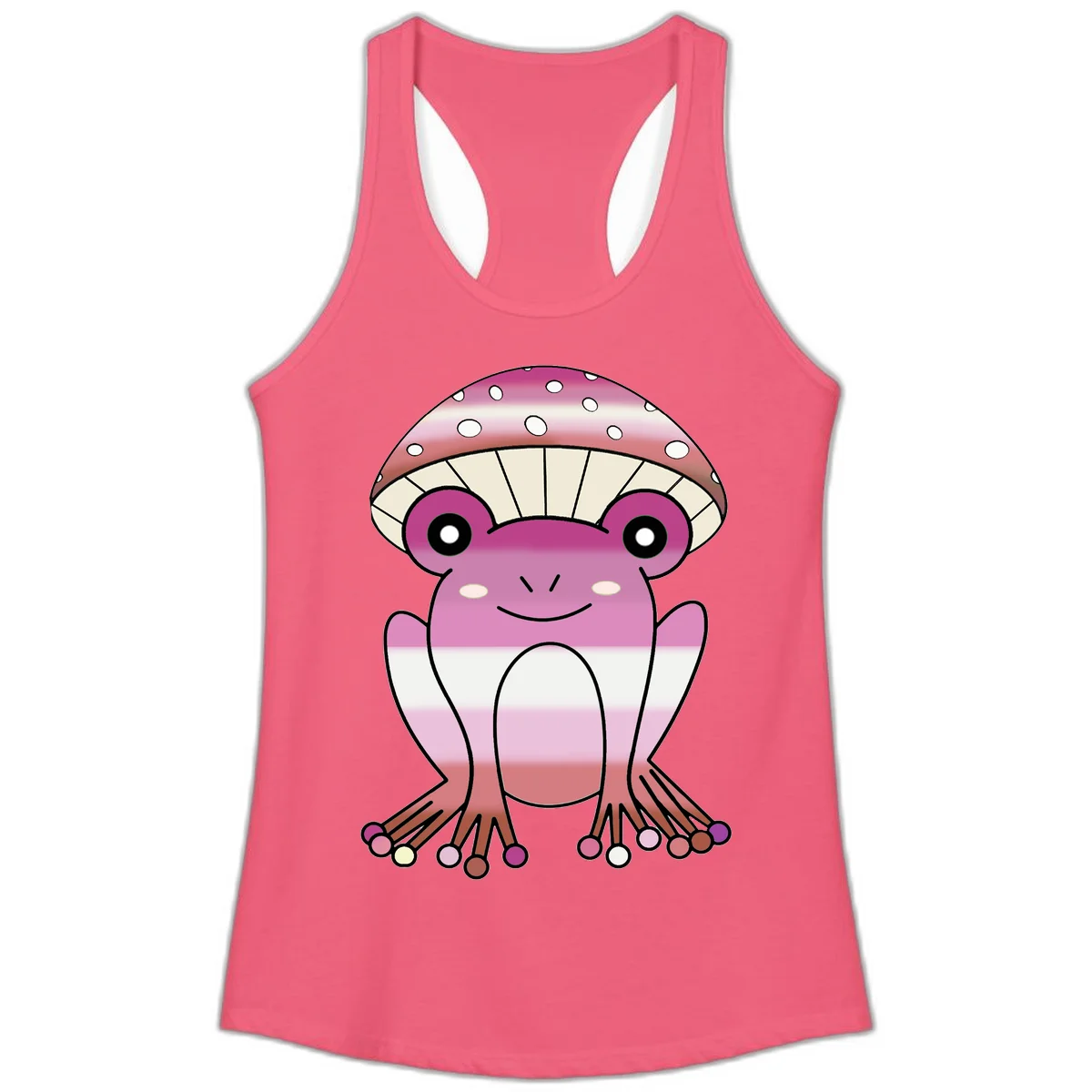 Cute pink mushroom toad character with spotted cap, large eyes, and smiling face wearing gradient pastel colors in Hot Pink