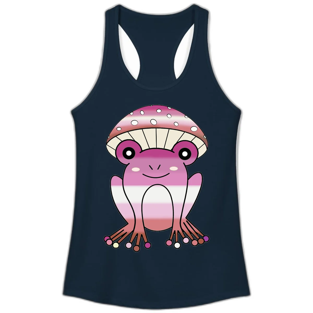 Cute pink mushroom toad character with spotted cap, large eyes, and smiling face wearing gradient pastel colors in Solid Midnight Navy