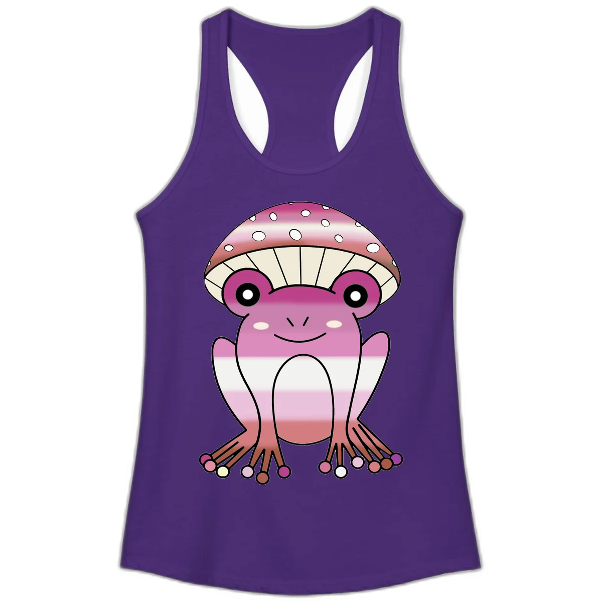 Cute pink mushroom toad character with spotted cap, large eyes, and smiling face wearing gradient pastel colors in Solid Purple Rush