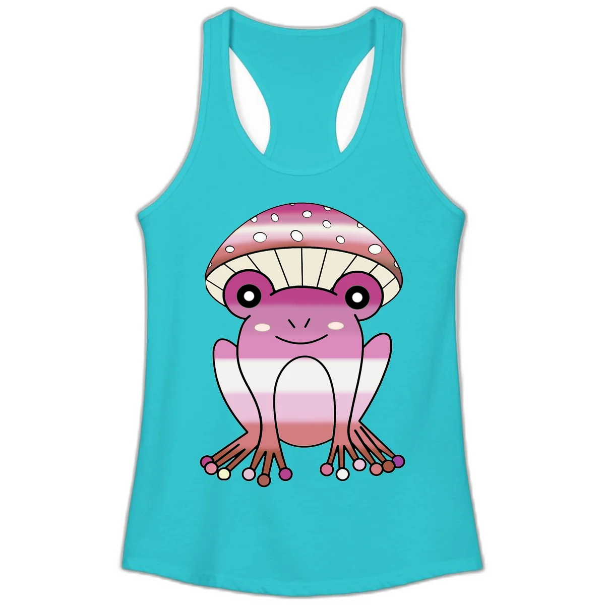 Cute pink mushroom toad character with spotted cap, large eyes, and smiling face wearing gradient pastel colors in Solid Tahiti Blue