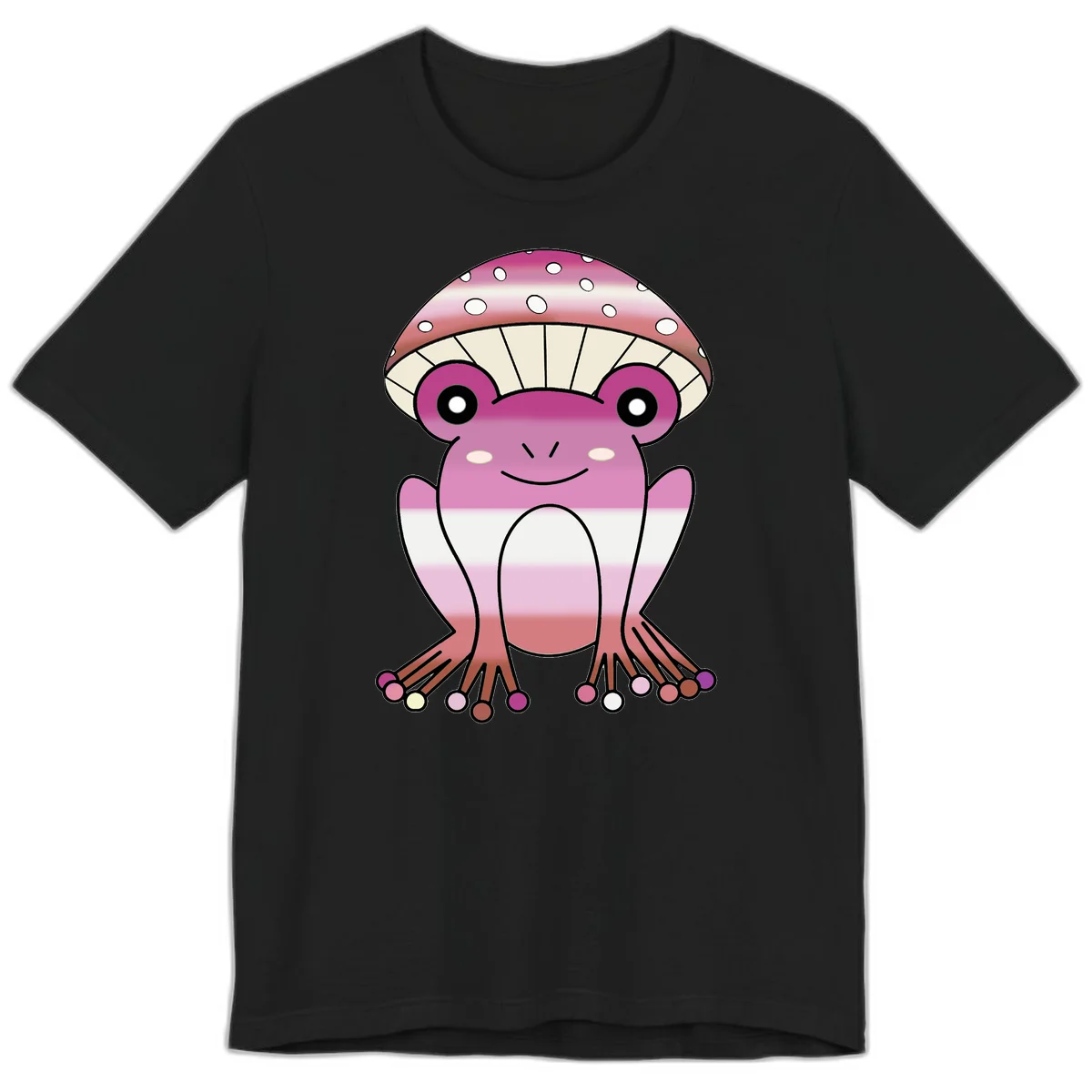 Cute pink mushroom toad character with spotted cap, large eyes, and smiling face wearing gradient pastel colors in Black