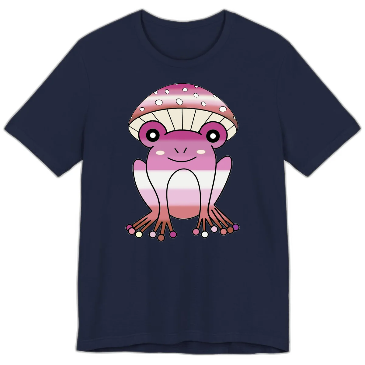 Cute pink mushroom toad character with spotted cap, large eyes, and smiling face wearing gradient pastel colors in Navy
