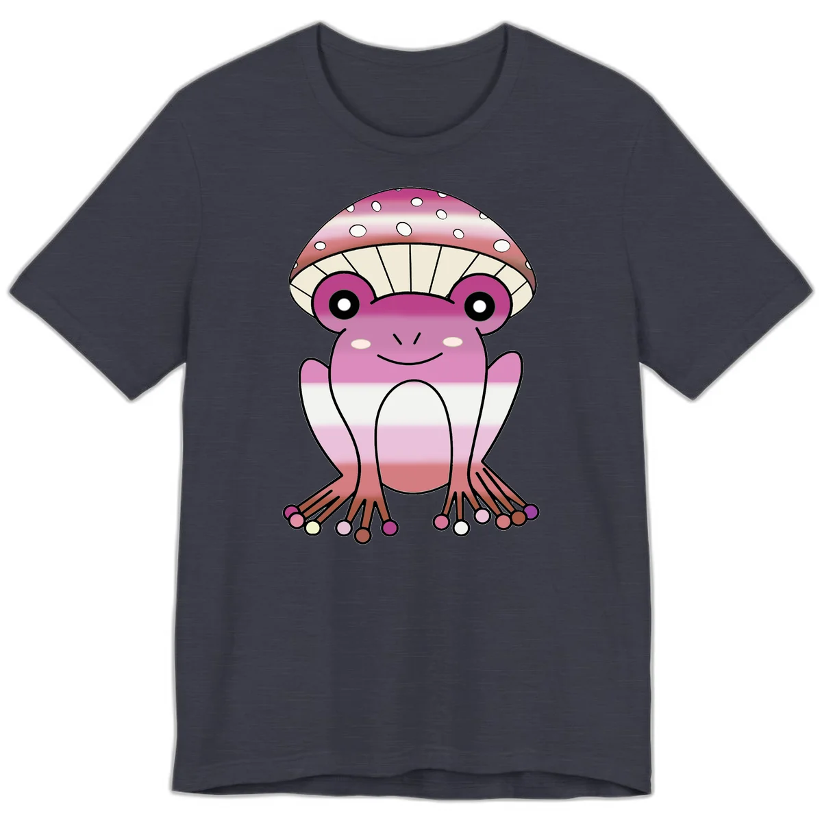 Cute pink mushroom toad character with spotted cap, large eyes, and smiling face wearing gradient pastel colors in Heather Midnight Navy
