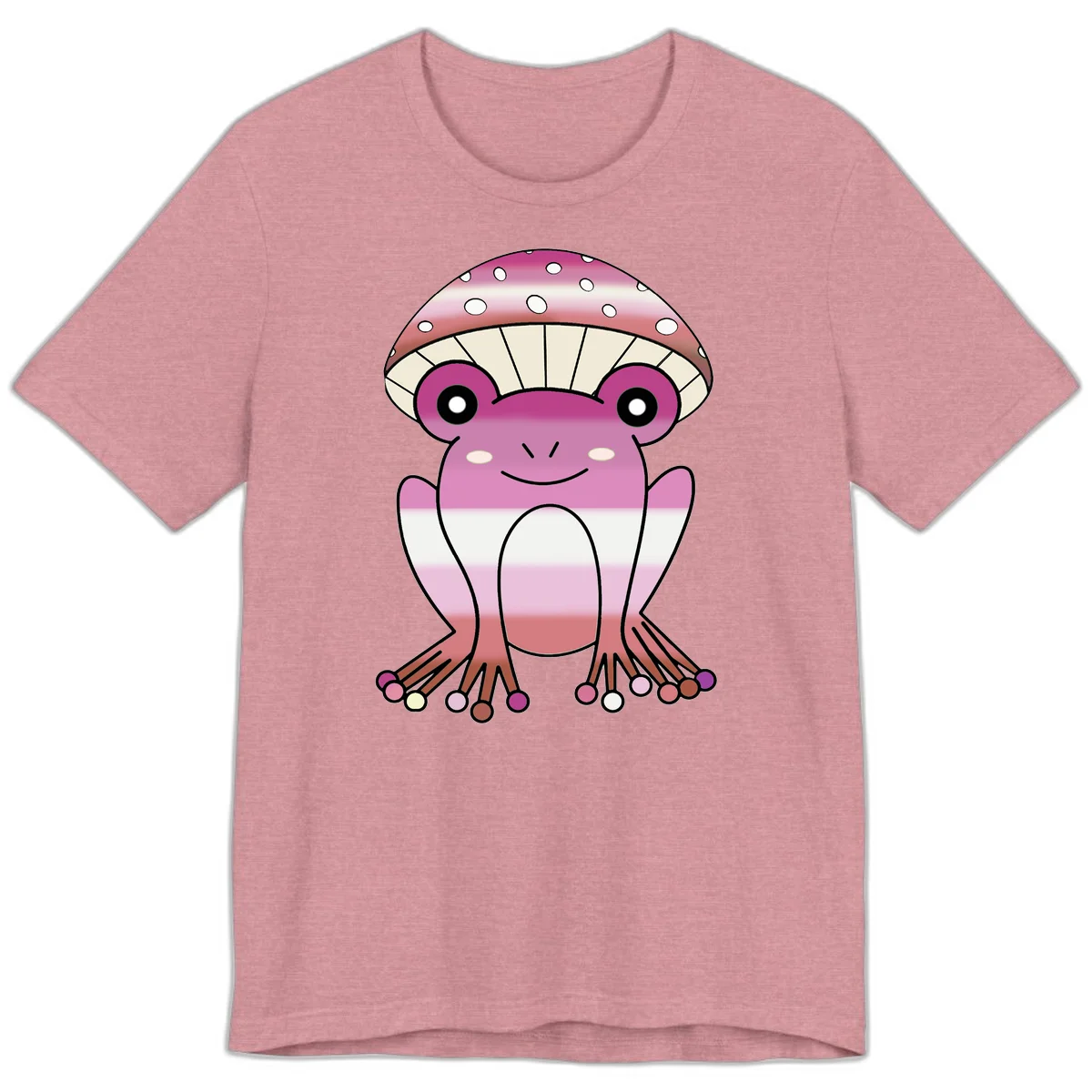 Cute pink mushroom toad character with spotted cap, large eyes, and smiling face wearing gradient pastel colors in Heather Orchid
