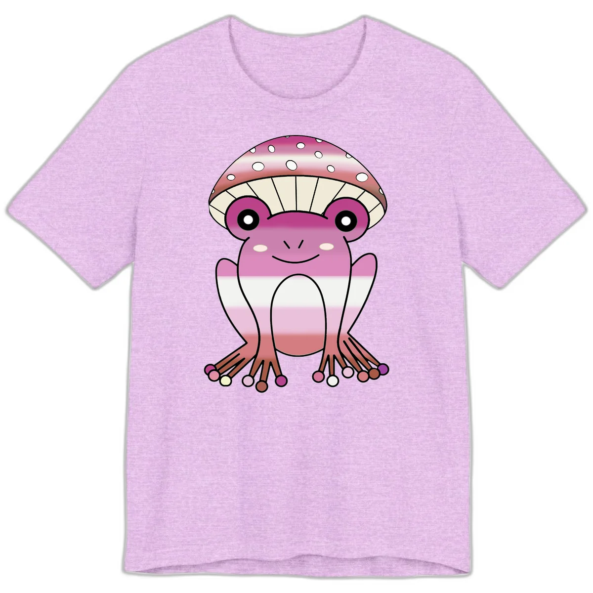 Cute pink mushroom toad character with spotted cap, large eyes, and smiling face wearing gradient pastel colors in Heather Prism Lilac