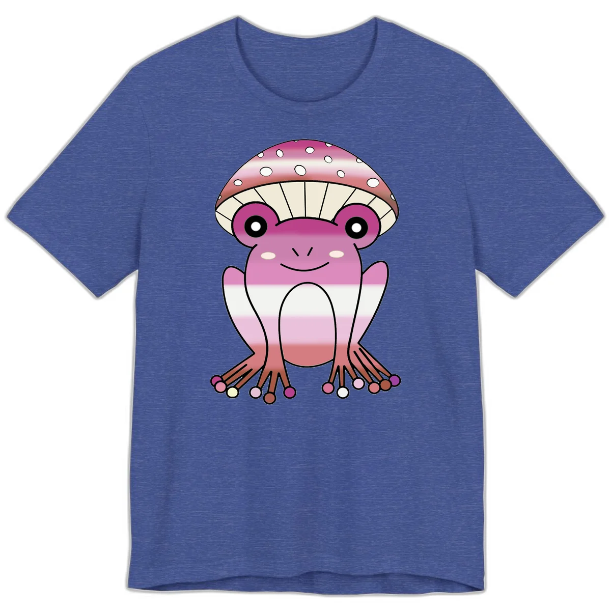 Cute pink mushroom toad character with spotted cap, large eyes, and smiling face wearing gradient pastel colors in Heather True Royal