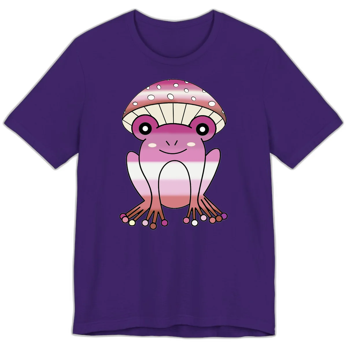 Cute pink mushroom toad character with spotted cap, large eyes, and smiling face wearing gradient pastel colors in Team Purple