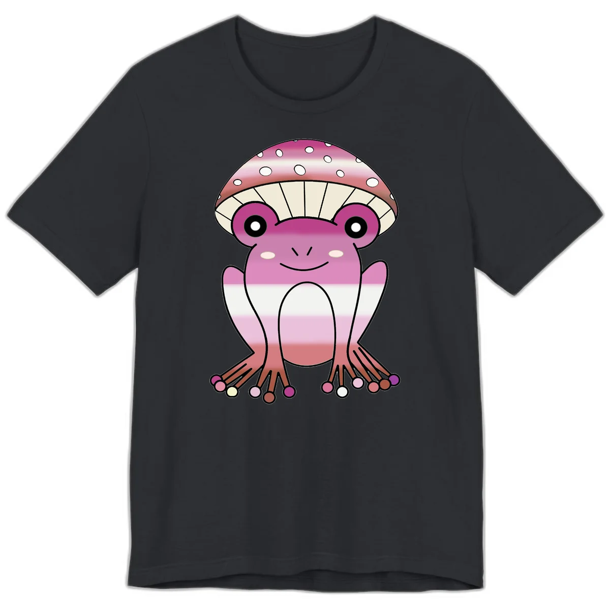 Cute pink mushroom toad character with spotted cap, large eyes, and smiling face wearing gradient pastel colors in Vintage Black