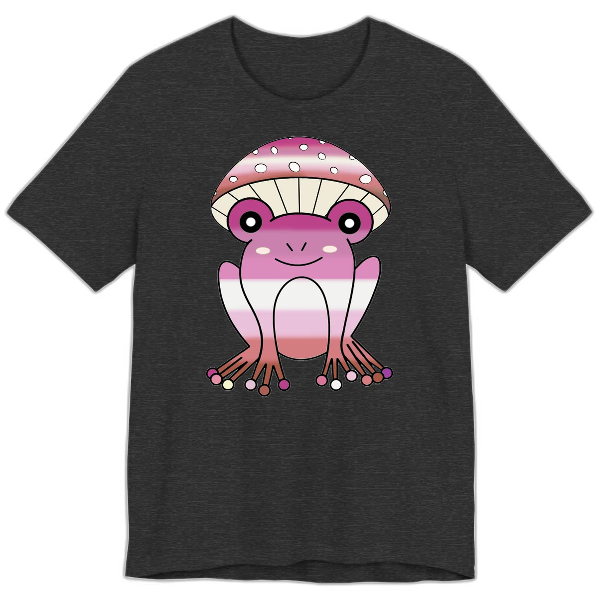 Cute pink mushroom toad character with spotted cap, large eyes, and smiling face wearing gradient pastel colors in Dark Grey Heather