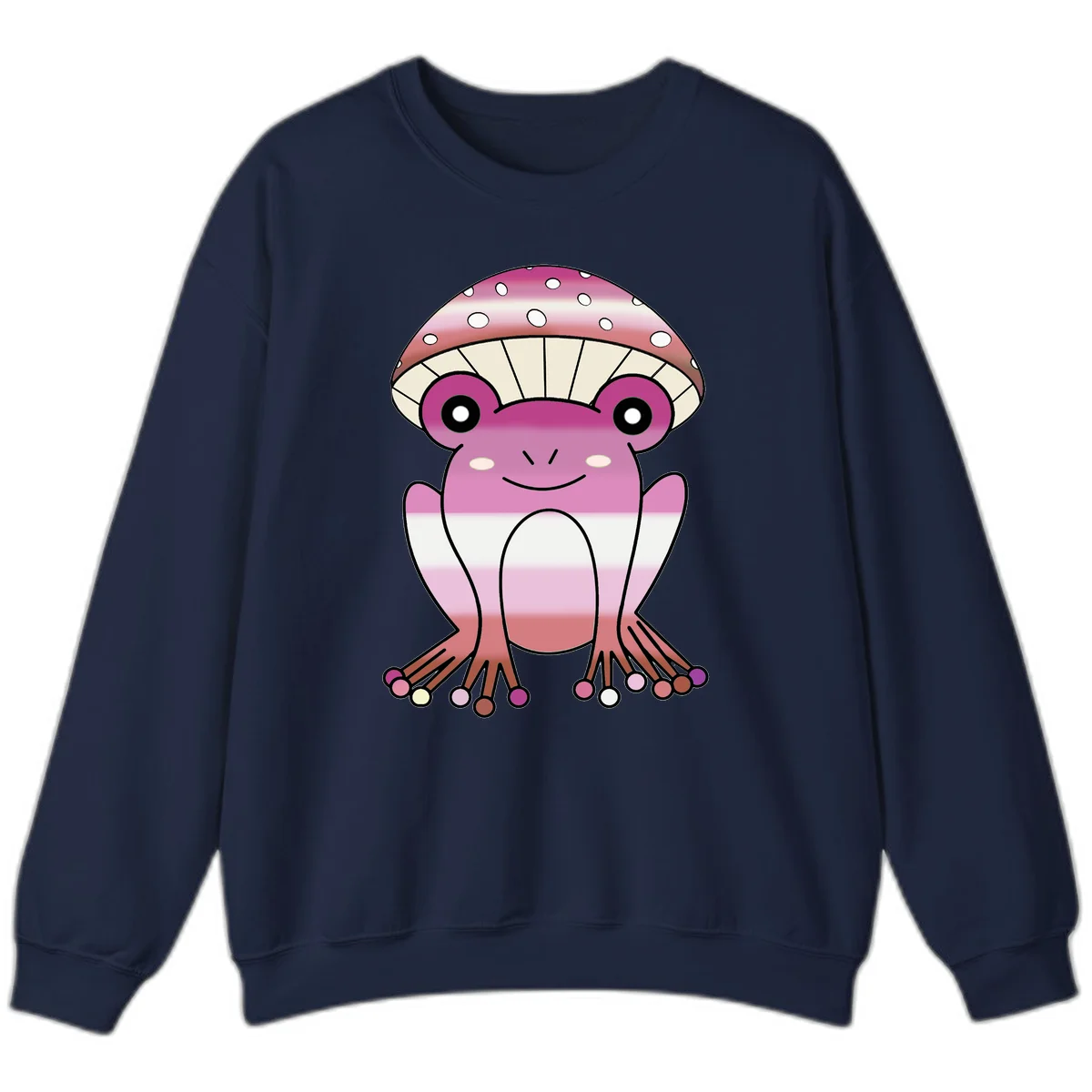Cute pink mushroom toad character with spotted cap, large eyes, and smiling face wearing gradient pastel colors in Navy