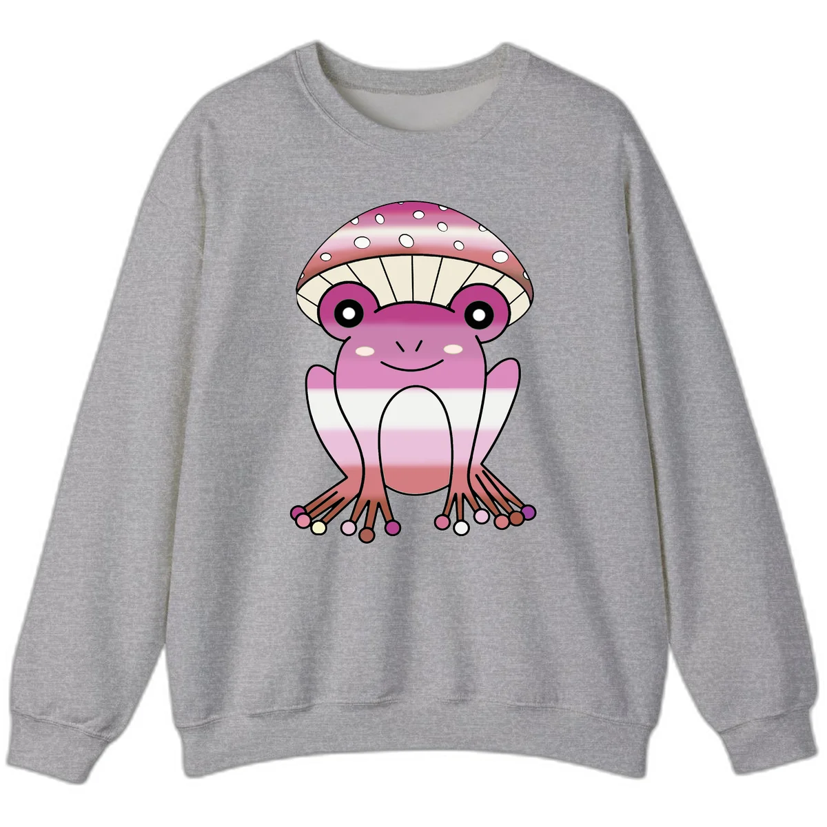 Cute pink mushroom toad character with spotted cap, large eyes, and smiling face wearing gradient pastel colors in Sport Grey