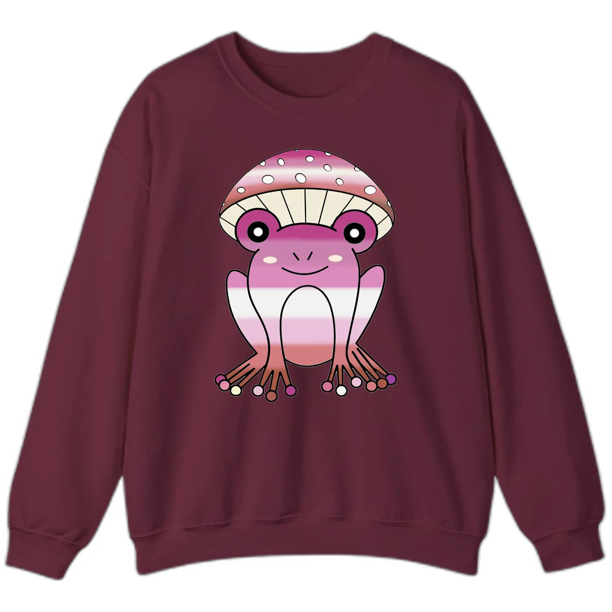 Cute pink mushroom toad character with spotted cap, large eyes, and smiling face wearing gradient pastel colors in Maroon