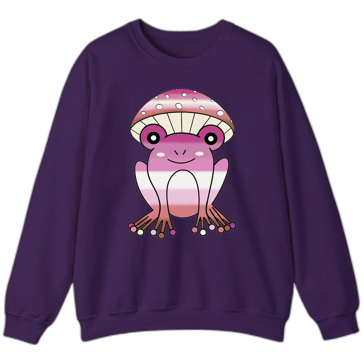 Cute pink mushroom toad character with spotted cap, large eyes, and smiling face wearing gradient pastel colors in Purple