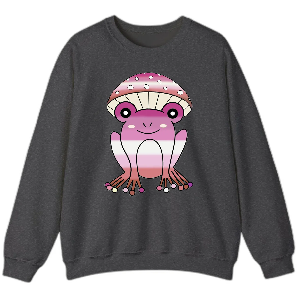 Cute pink mushroom toad character with spotted cap, large eyes, and smiling face wearing gradient pastel colors in Dark Heather