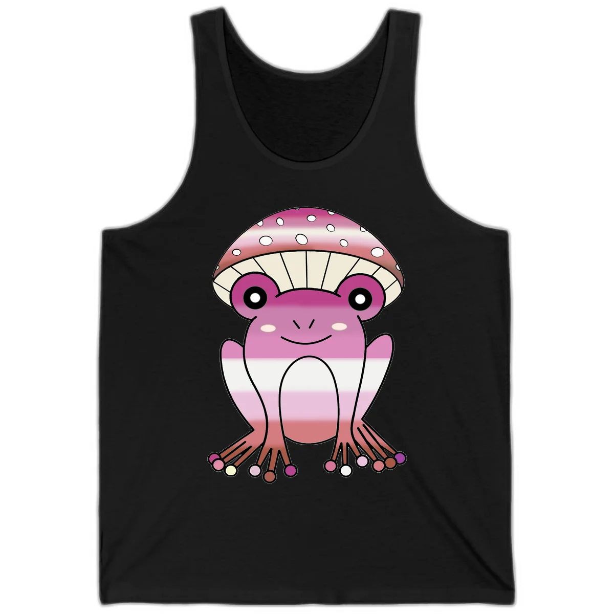 Cute pink mushroom toad character with spotted cap, large eyes, and smiling face wearing gradient pastel colors in Black